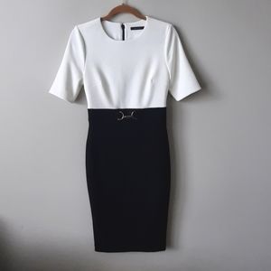 Portman's Black & White Straight Dress with Gold Buckle